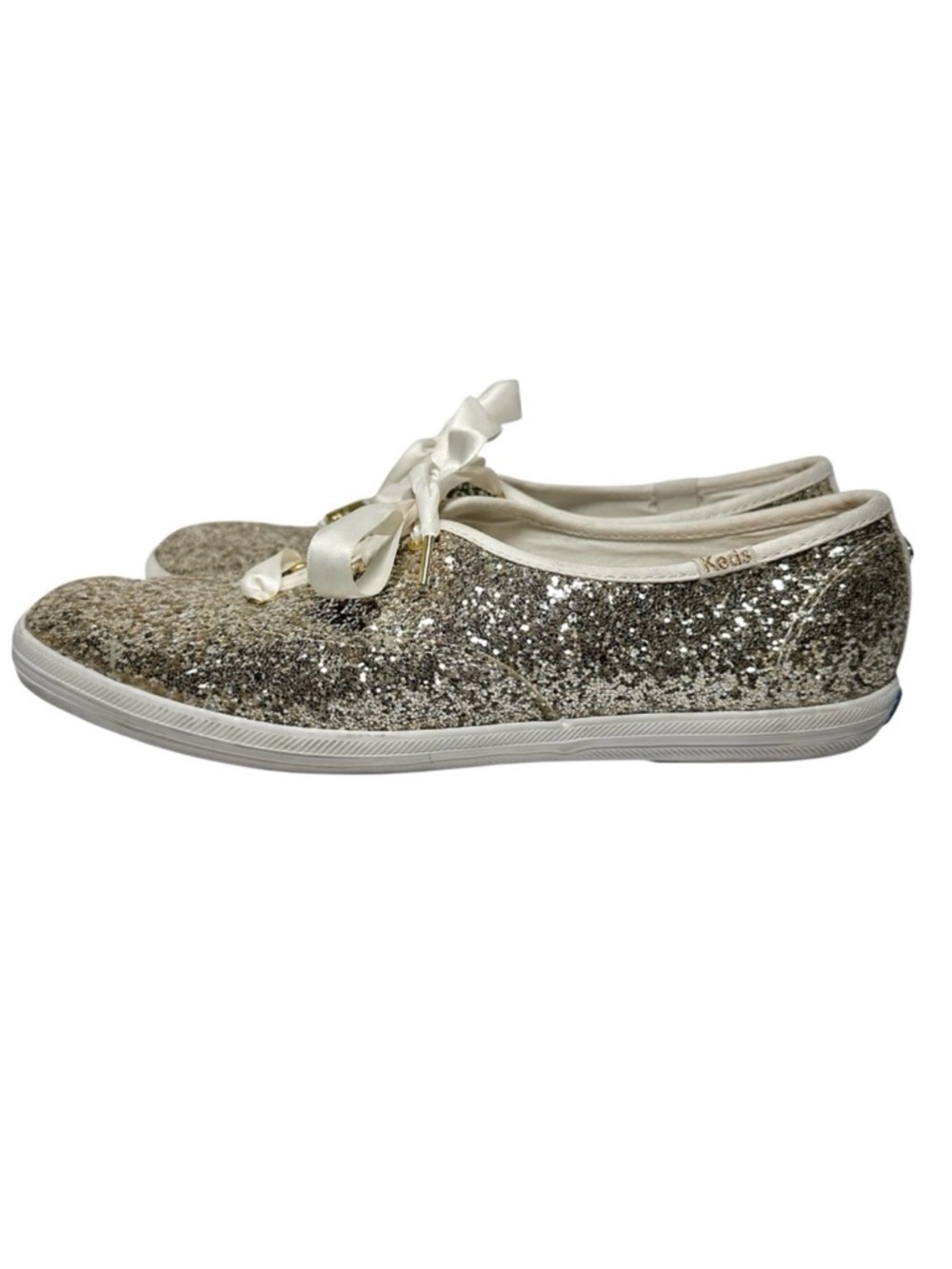 Keds X Kate Spade New York Gold Glitter Cream Satin Lace Up Sneakers- Size 8.5/9